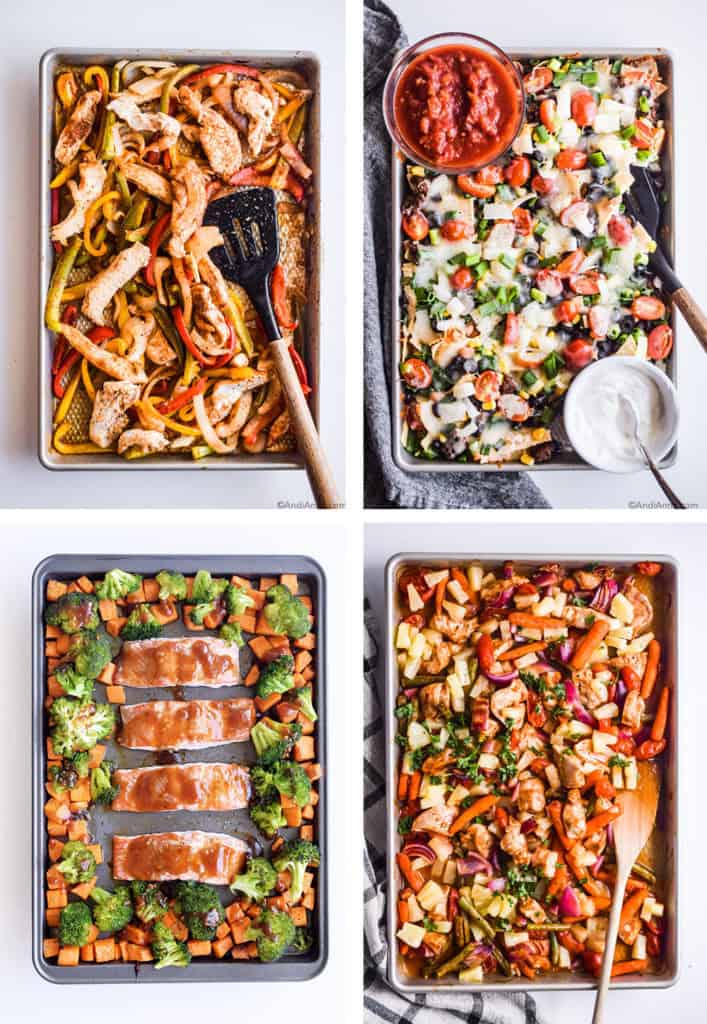 4 sheet pan meals, chicken fajita sheet pan meal, nachos with bowl of salsa and sour cream on sheet pan, teriyaki salmon with sweet potato and broccoli on sheet pan, pineapple chicken sheet pan meal