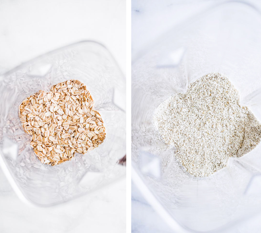 oat flour before and after photos looking down in a blender.