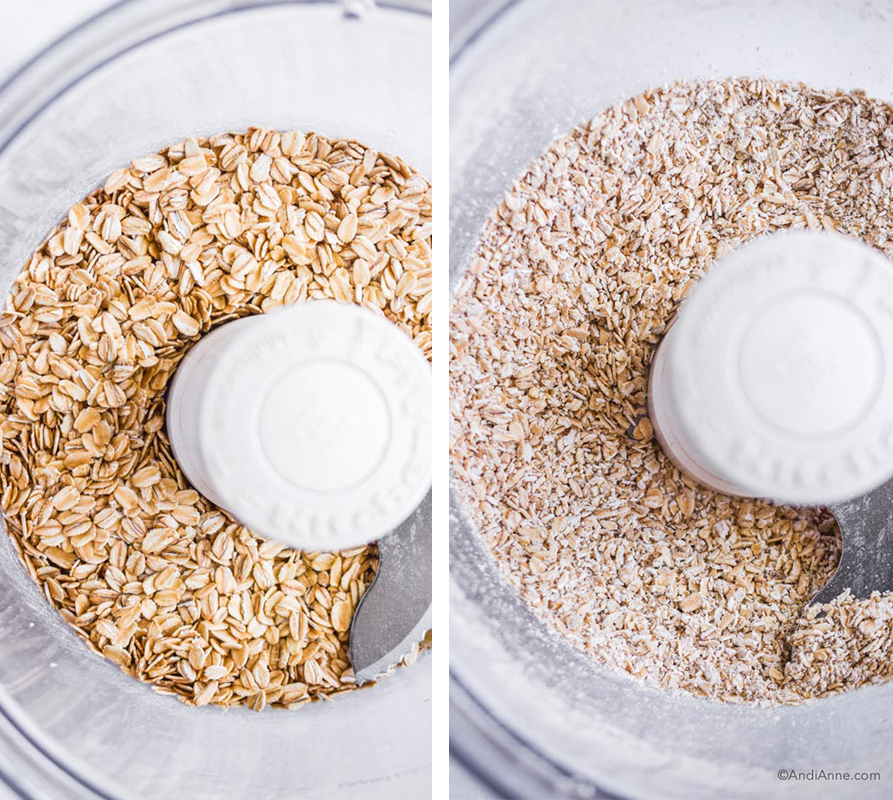 oat flour before and after photos looking down in a food processor.