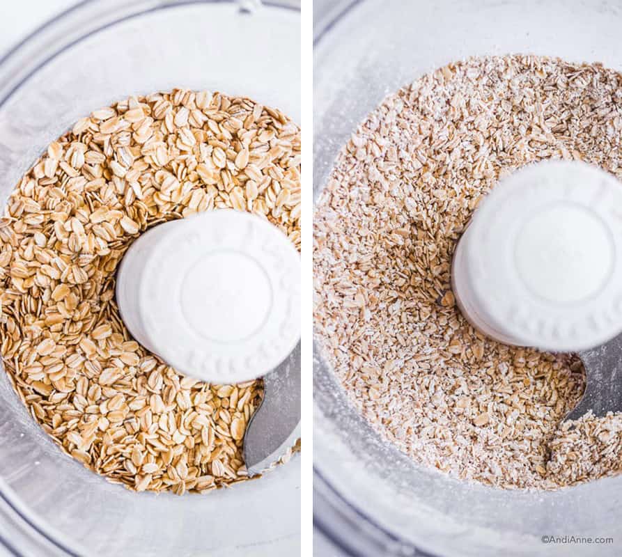 oat flour before and after photos looking down in a food processor.