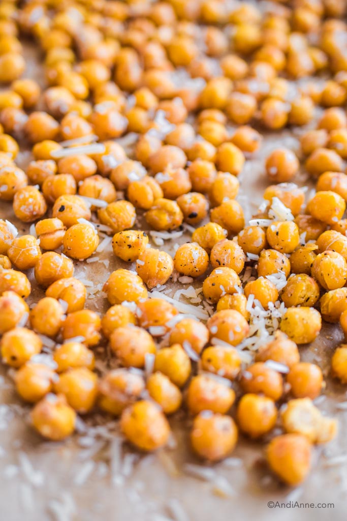 close up detail of roasted chickpeas with grated parmesan cheese