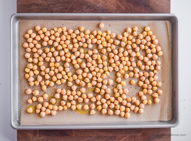 chickpeas on baking sheet lined with parchment paper