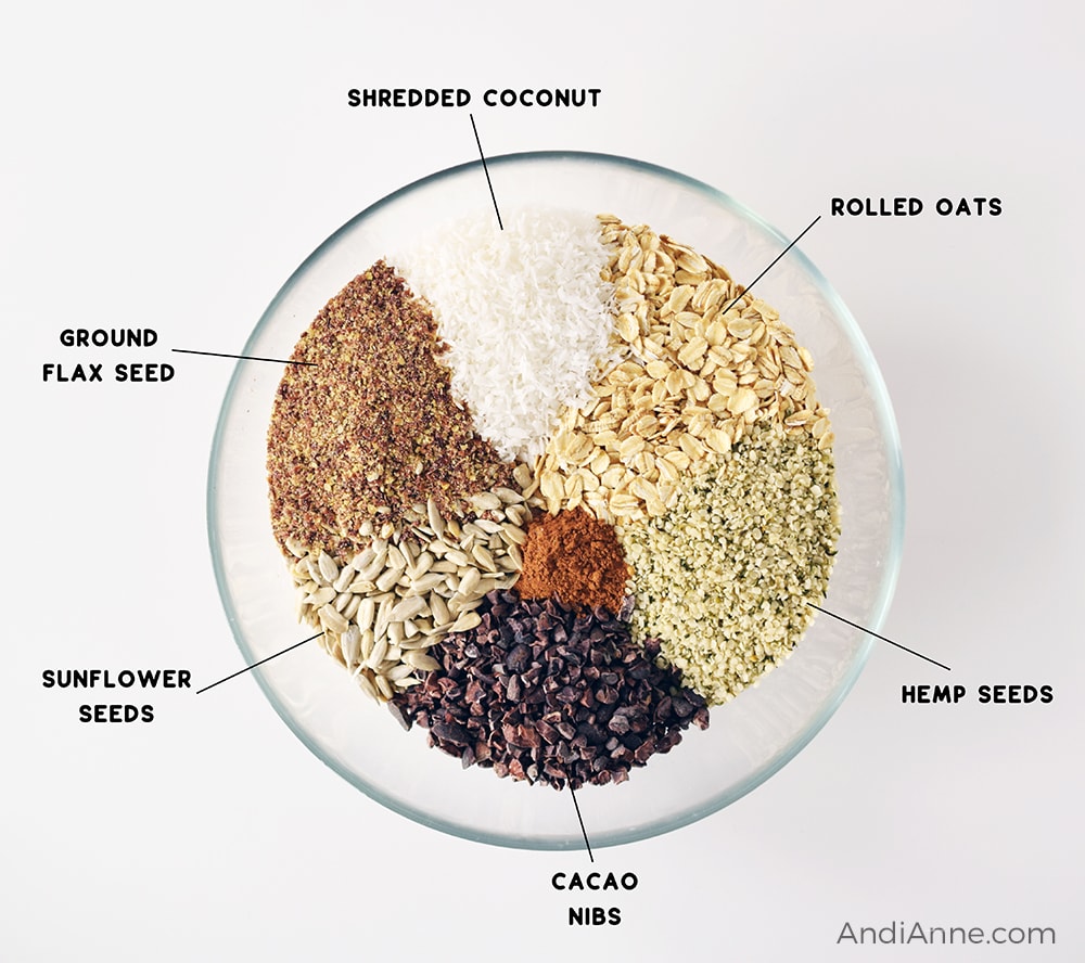 ingredients in a large glass bowl, separated: rolled oats, hemp seeds, cacao nibs, cinnamon, sunflower seeds, ground flax seed, and shredded coconut.