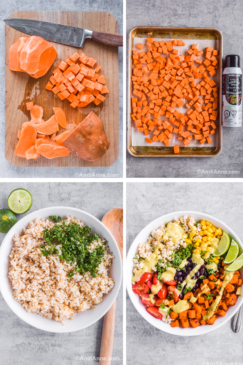 Four images to make recipe: first is chopped sweet potato on a cutting board, second is a baking sheet with chopped raw sweet potato and cooking spray. Third is bow of rice with parsley. Fourth is full recipe with avocado dressing drizzled on top.