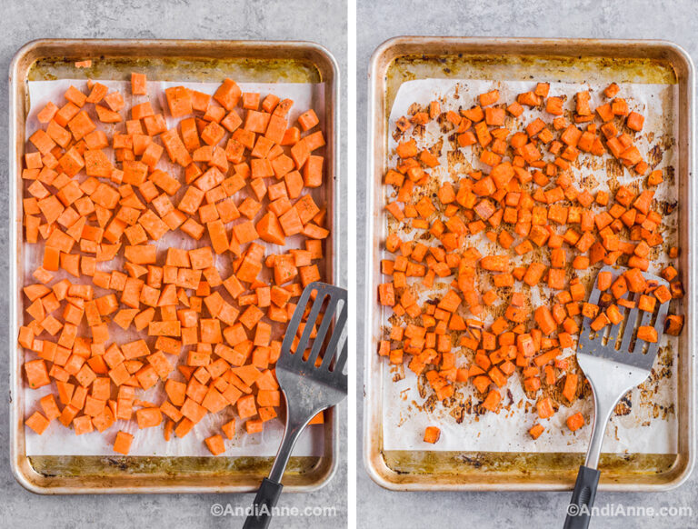Two images: raw chopped sweet potato and then cooked sweet potato.