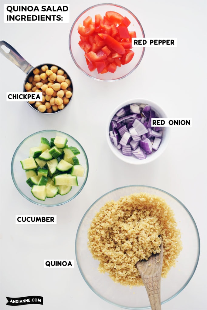 all fresh ingredients chopped and in bowls on white counter