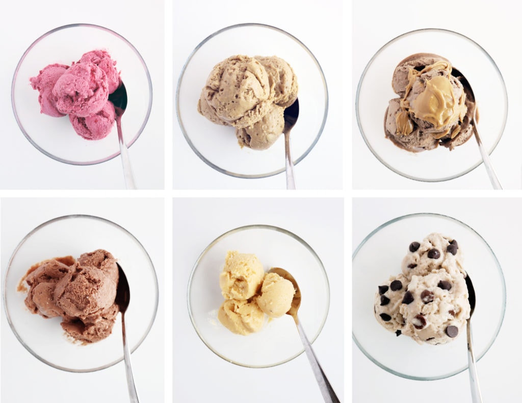 banana nice cream six flavors in glass bowls with spoons
