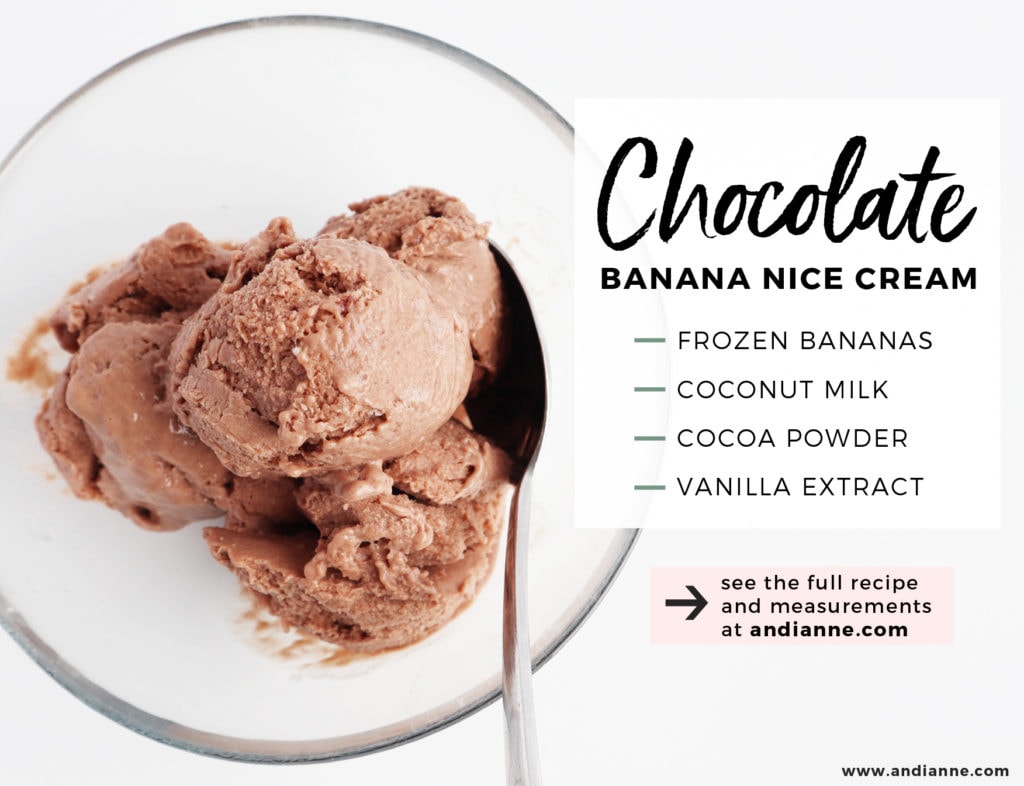 chocolate banana nice cream in glass bowl with spoon