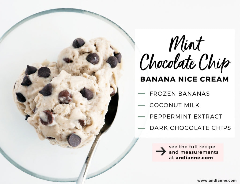 mint chocolate chip nice cream in glass bowl with spoon
