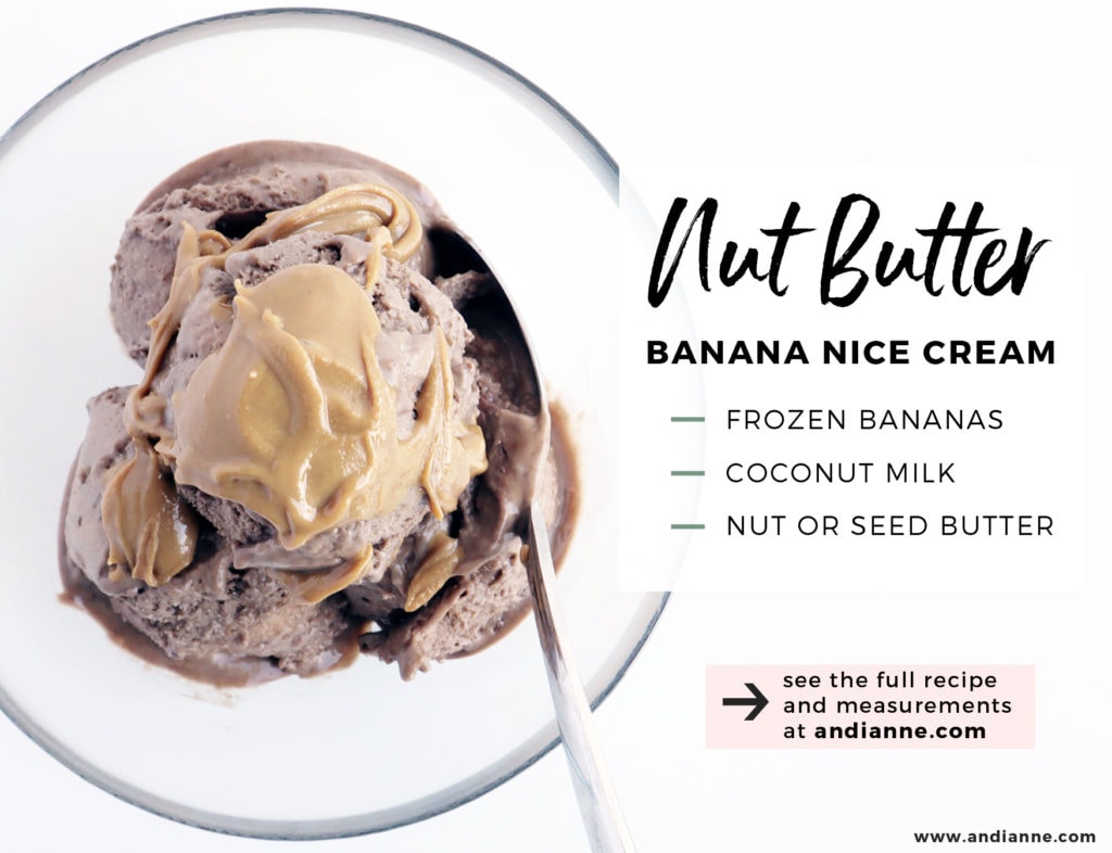 nut butter nice cream scoops in glass bowl with spoon