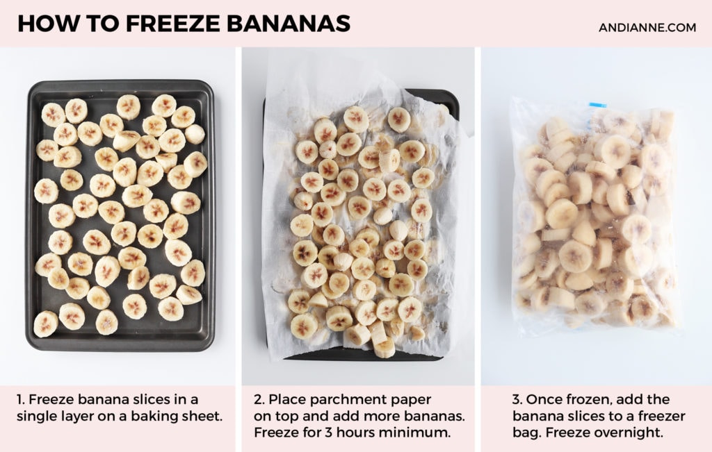 three images of steps to freeze bananas: first has sliced bananas on baking sheet, next has layer of parchment with more banana slices, thir has bag of frozen banana slices.