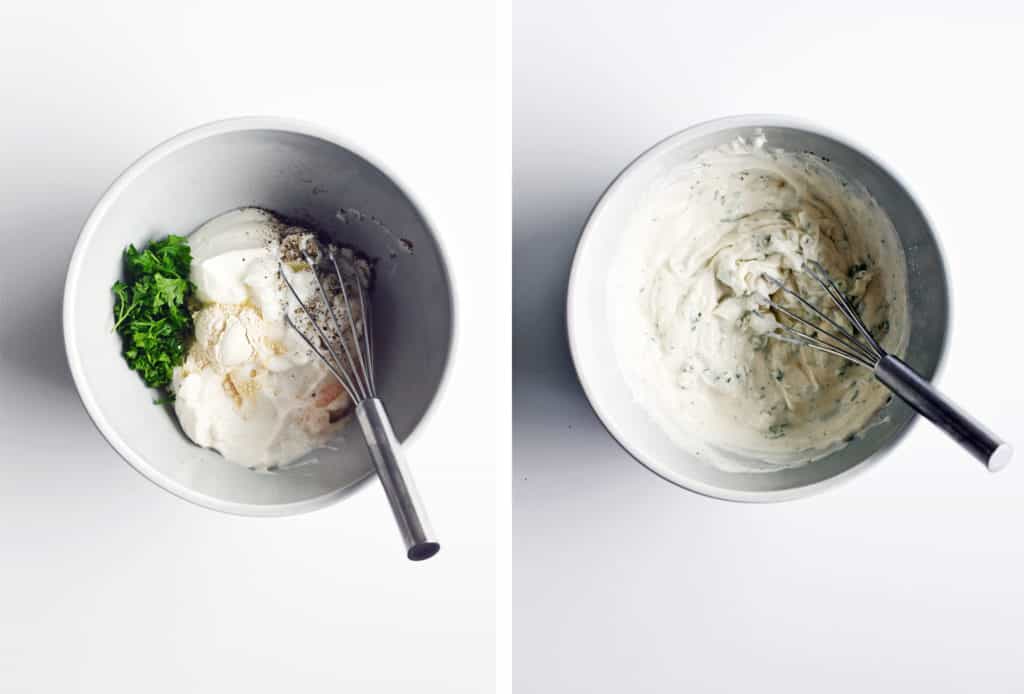 mixing salad dressing ingredients in bowl