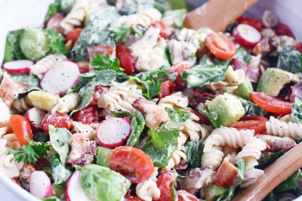 BLT pasta salad close up detail in bowl