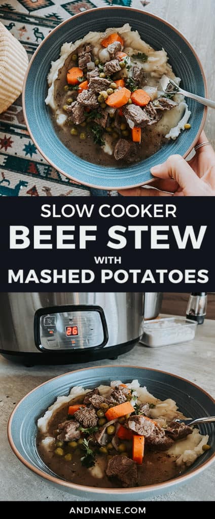 Slow cooker beef stew recipe served with mashed potatoes and made in the slow cooker