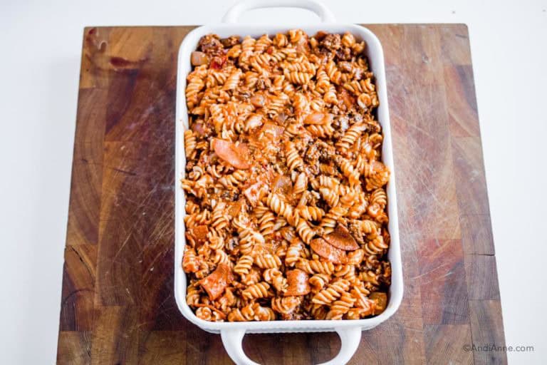 pasta mixture in a white casserole dish