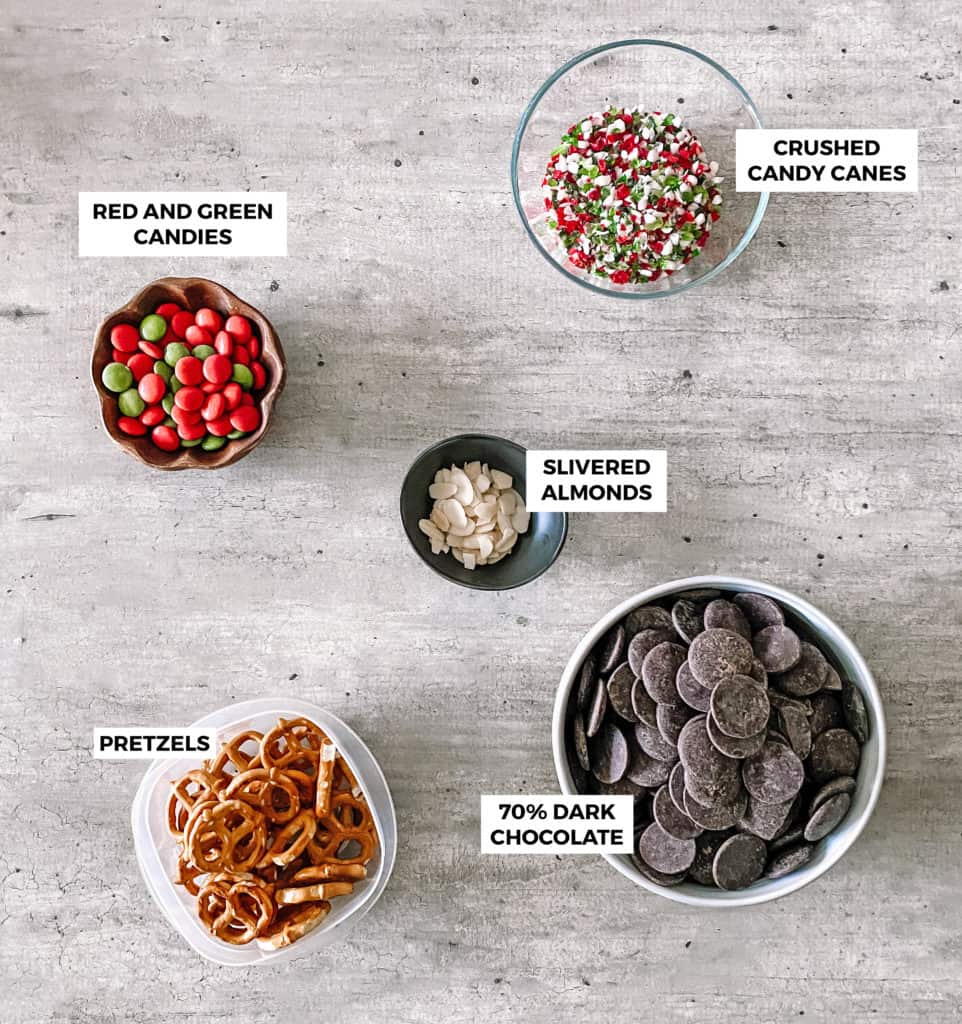 Reindeer Chocolate Bark Recipe Ingredients in Bowls