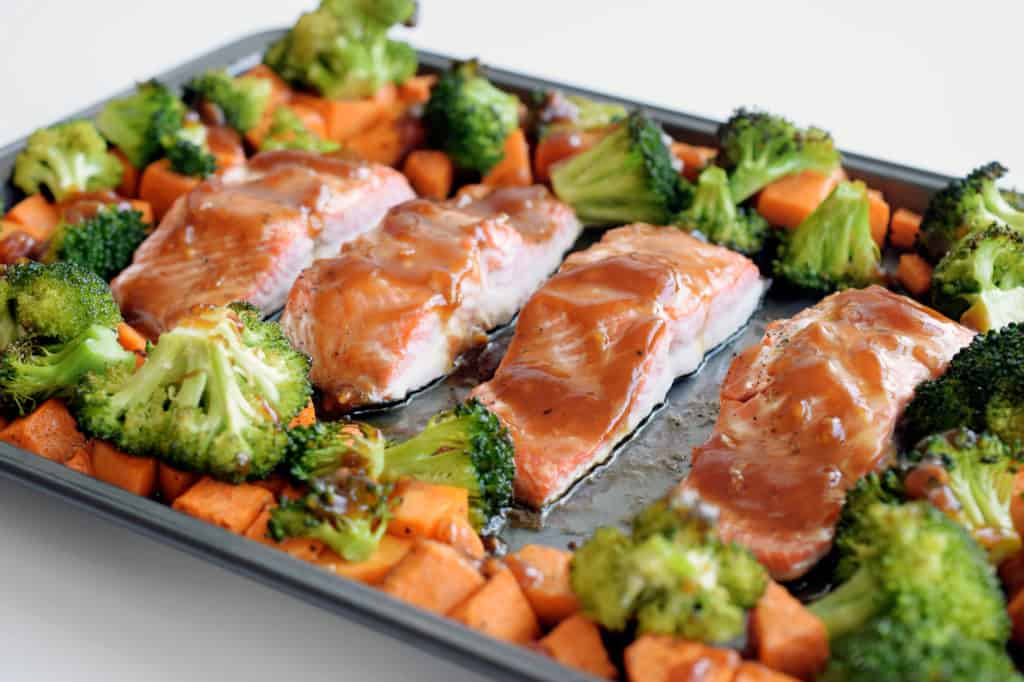 sheet pan teriyaki salmon close up detail after cooked