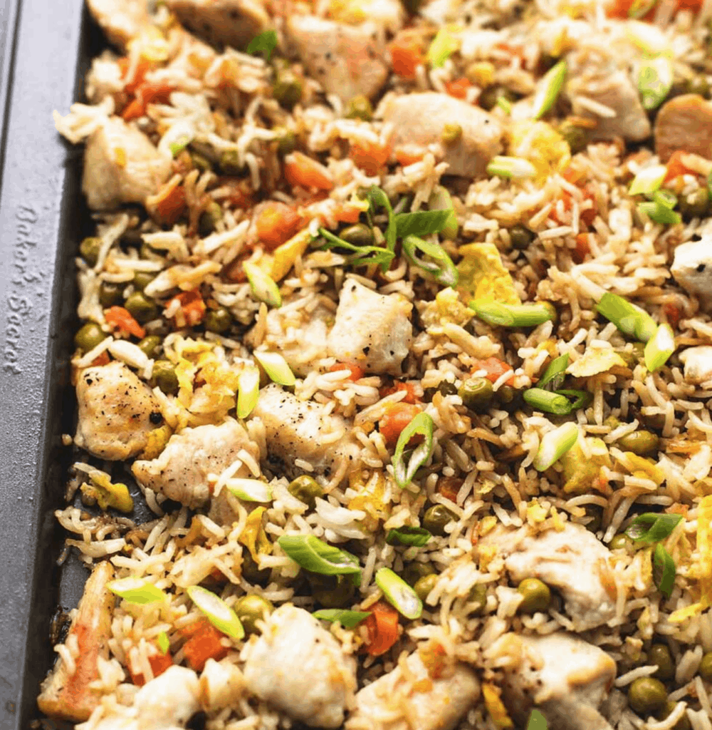 chicken with fried rice sheet pan meal