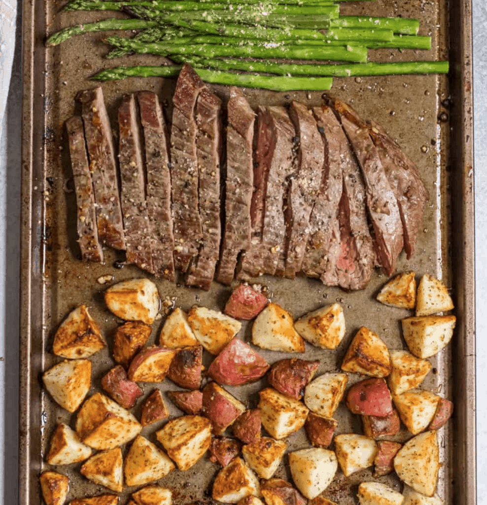 steak, potatoes, asparagus sheet pan meal