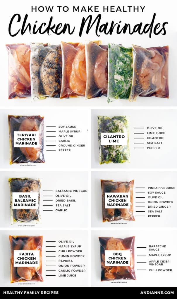 Chicken marinades stacked together. Ingredients listed for chicken marinades over top of each freezer bag.