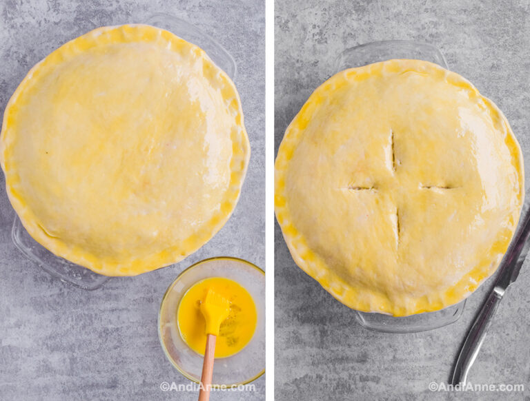Two images of top of turkey pot pie with egg wash and four slices cut out of top.