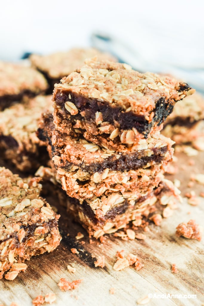 Old fashioned date squares recipe stacked on top of eachother