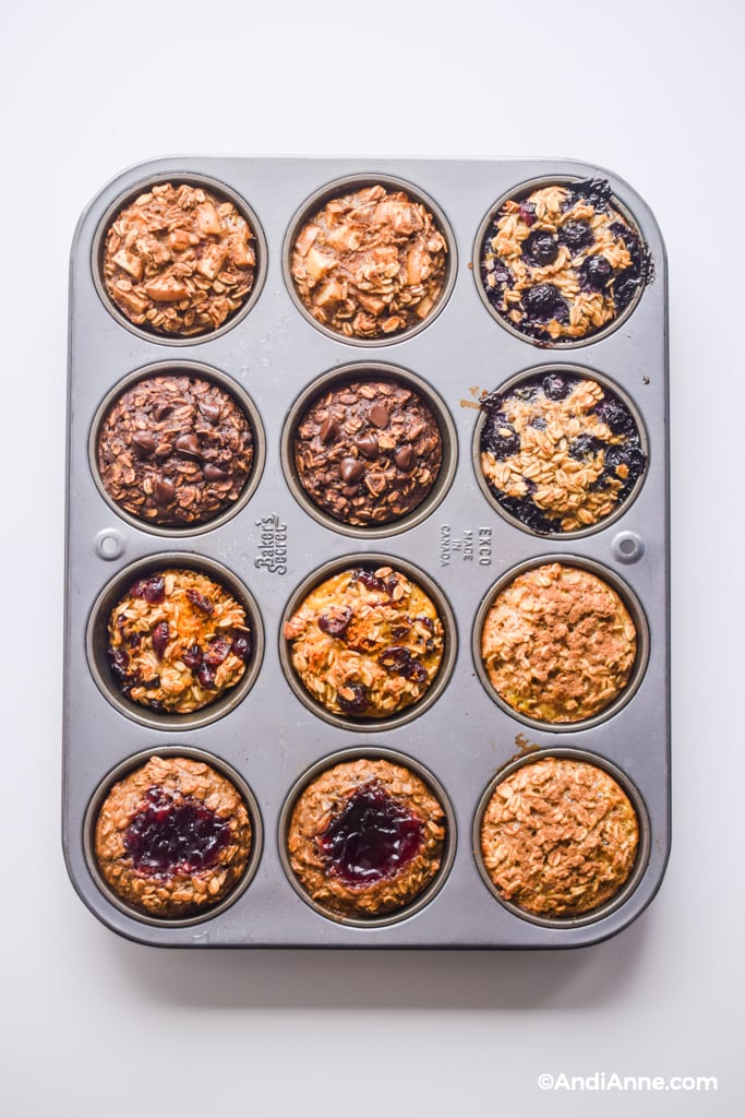 baked oatmeal breakfast cups in a metal muffin pan