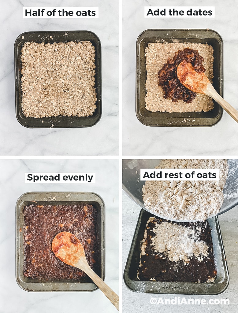 Adding oat mixture to square baking pan. Then pouring date sauce over top.
