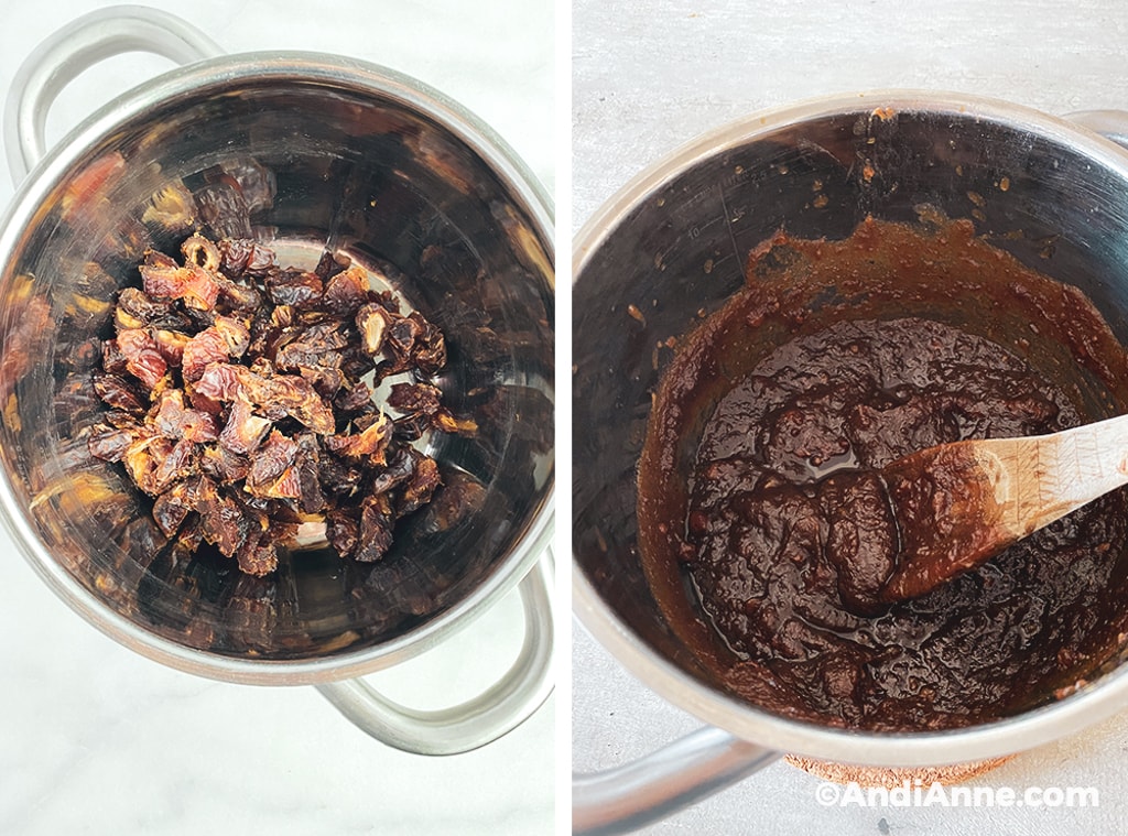 before and after of what the date sauce looks like in a steel pot