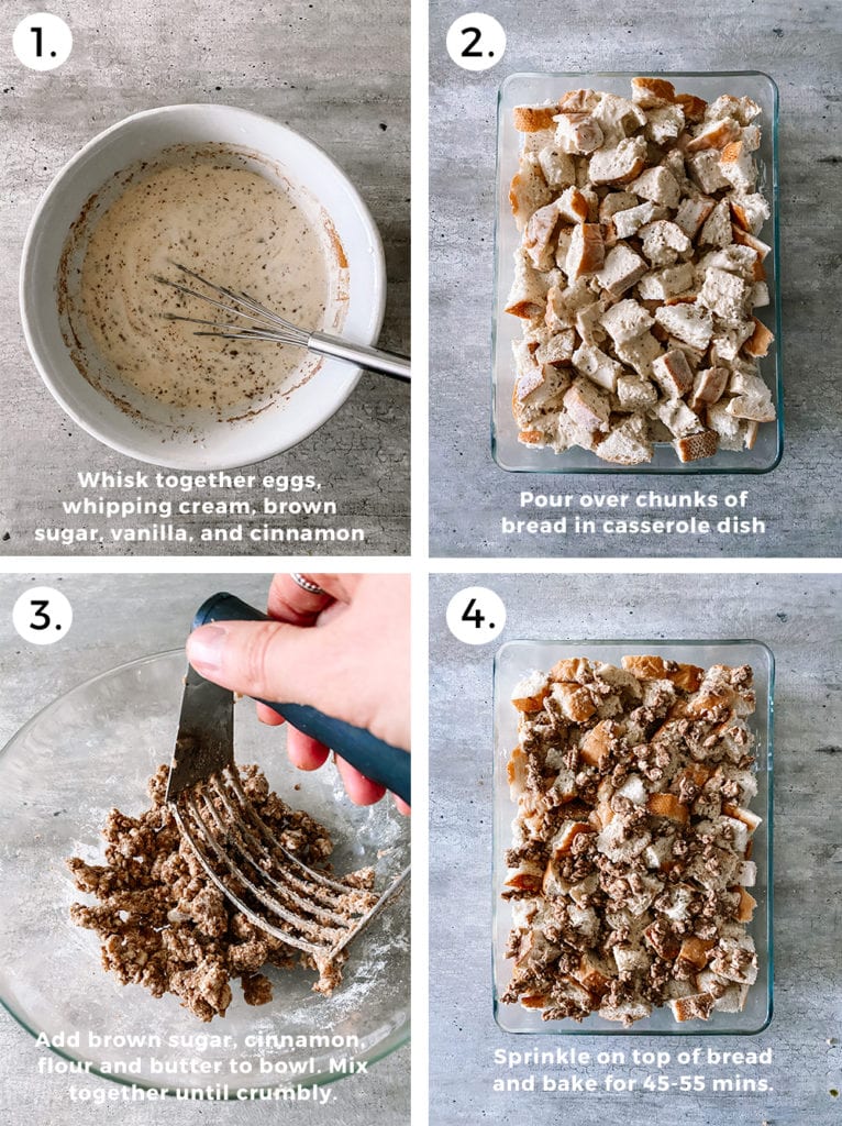 steps to making french toast casserole. a bowl with wet ingredients. chunks of bread in casserole dish. Mashing butter and cinnamon in a glass bowl.