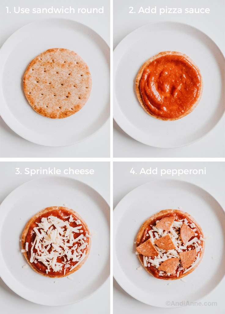 Assembling the homemade pizza lunchables on a white plate