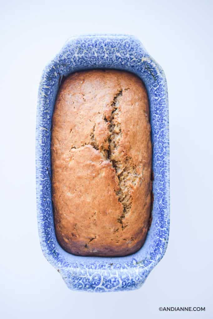 one bowl banana bread in a blue loaf pan