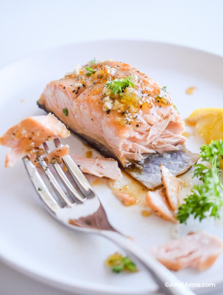 flaked salmon fillet on a white plate with a fork. 