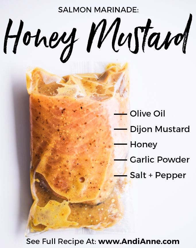 honey mustard salmon marinade in plastic bag with ingredients text on image