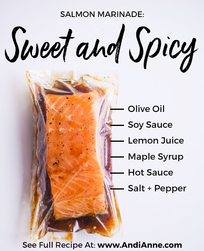 sweet and spicy salmon marinade in plastic bag with ingredients text on image