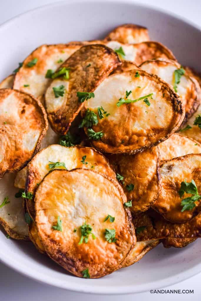 air fryer potato chips close up detail in a white bowl