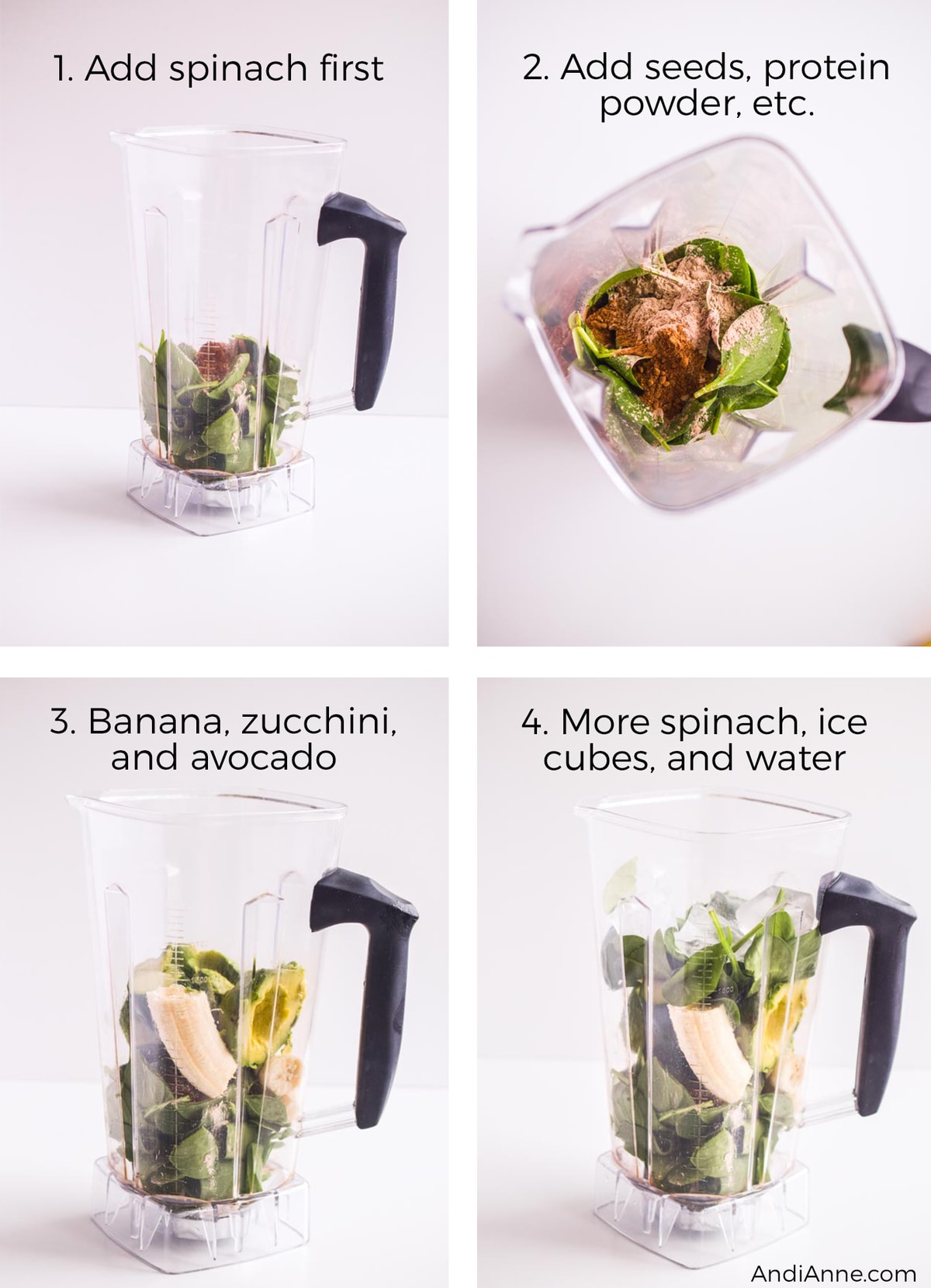 Blender cup holding ingredients to make smoothie. Includes spinach, protein powder, avocado, and ice cubes