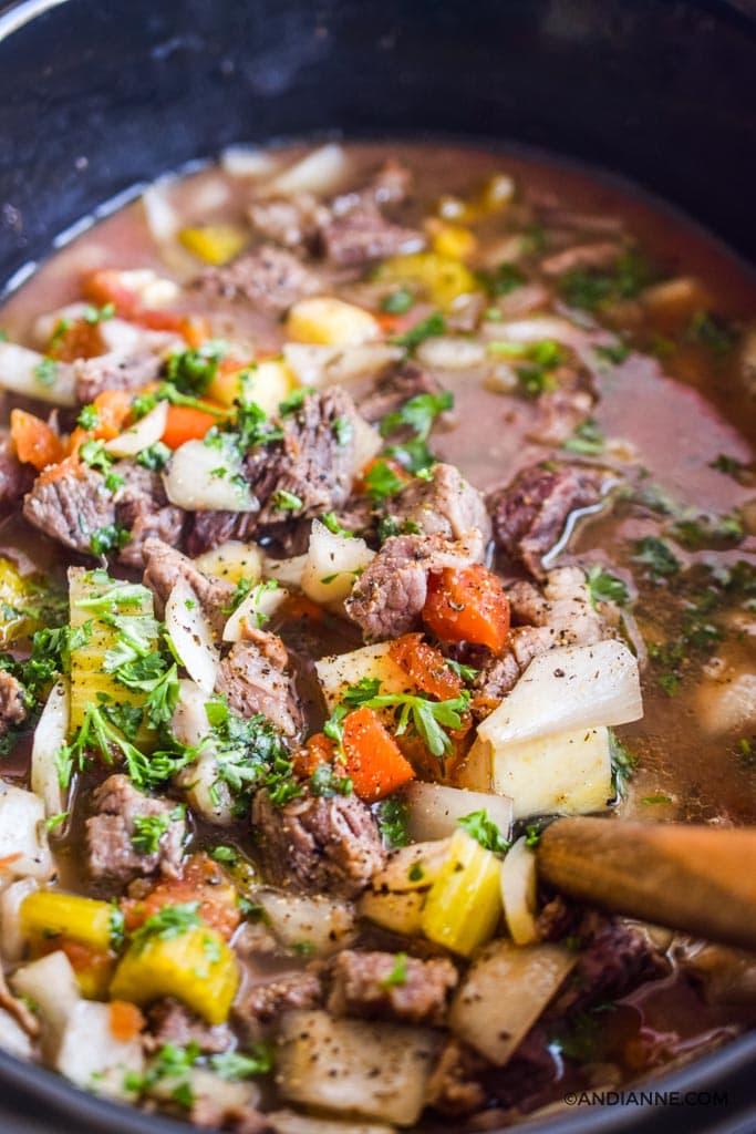 close up detail of sweet potato beef stew in slow cooker