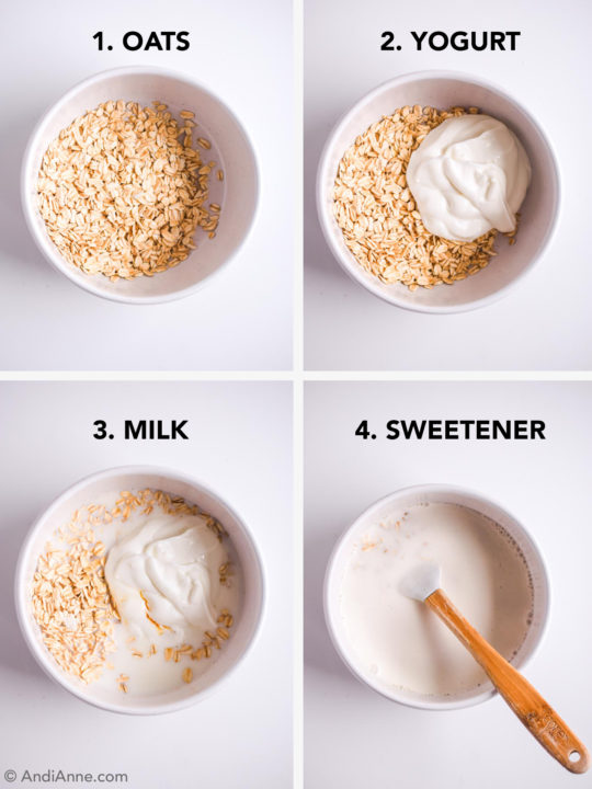 4 steps to making overnight oats. Add oats to white bowl, mix in yogurt, milk, and sweetener. 