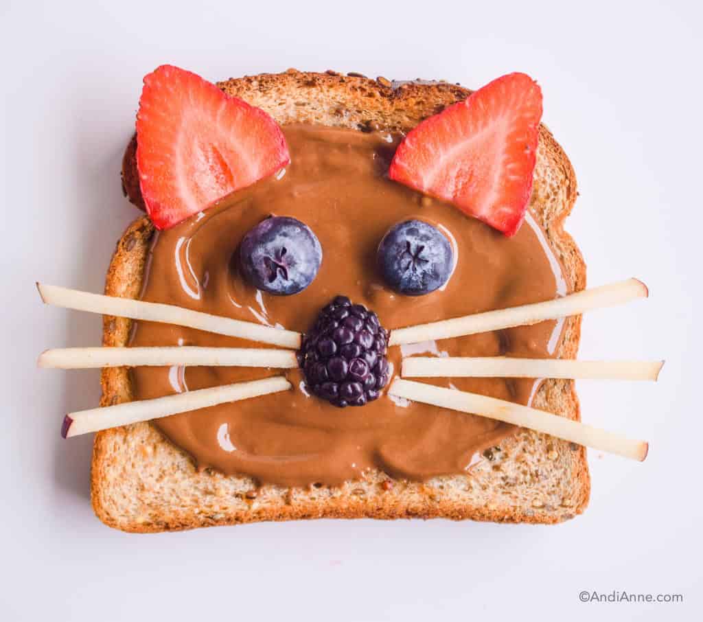 cat toast with chocolate nut butter spread, blueberries, strawberries, blackberries and skinny apple slices for whiskers
