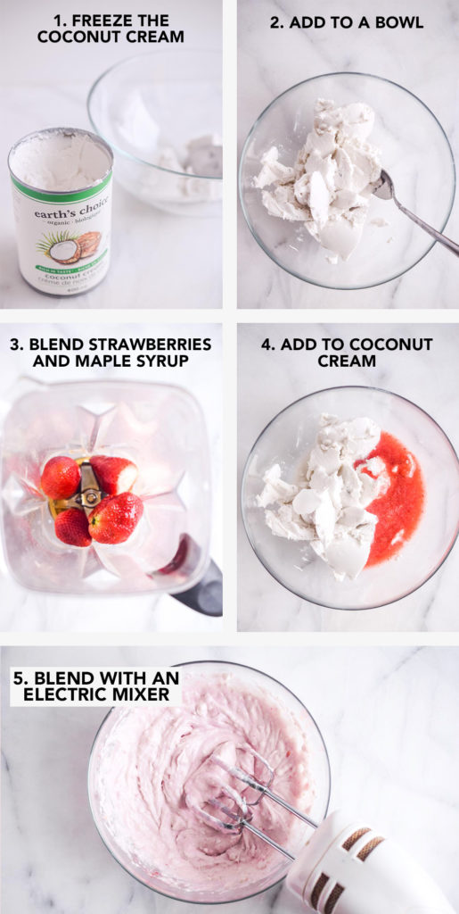 steps to making coconut cream: chilled coconut cream going into glass bowl, strawberries in a blender, pureed strawberries and chilled coconut cream in glass bowl, blending cream with an electric mixer