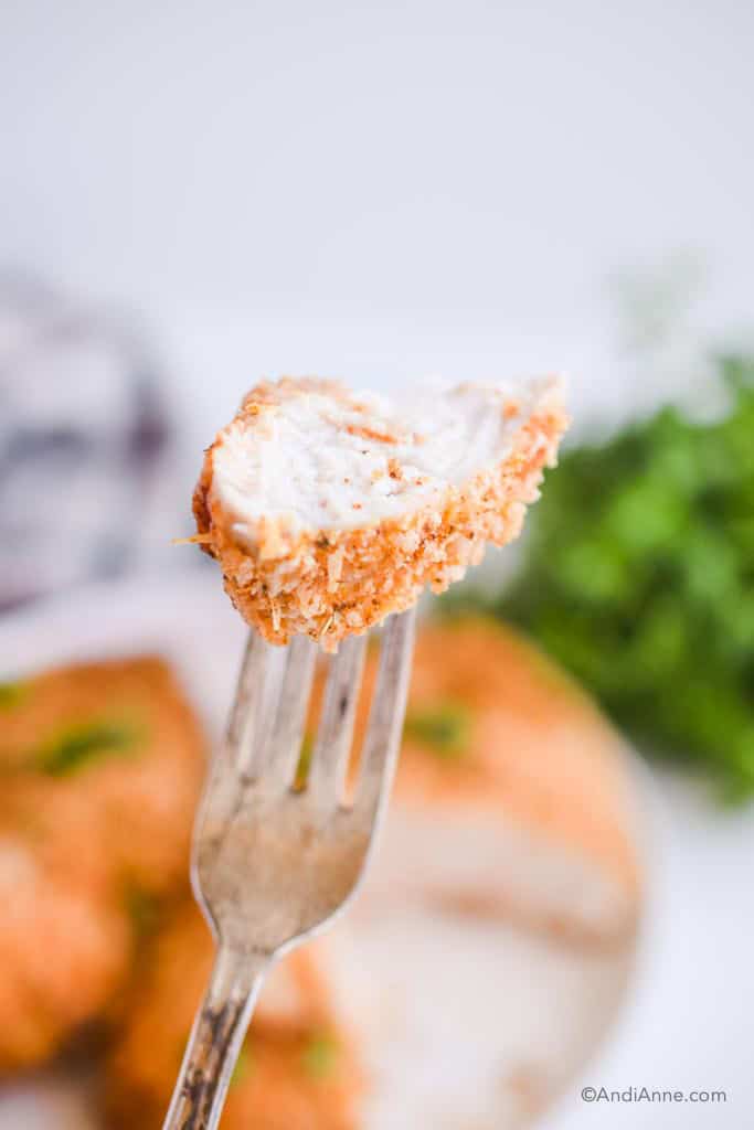 Fork with one bit of chicken on it