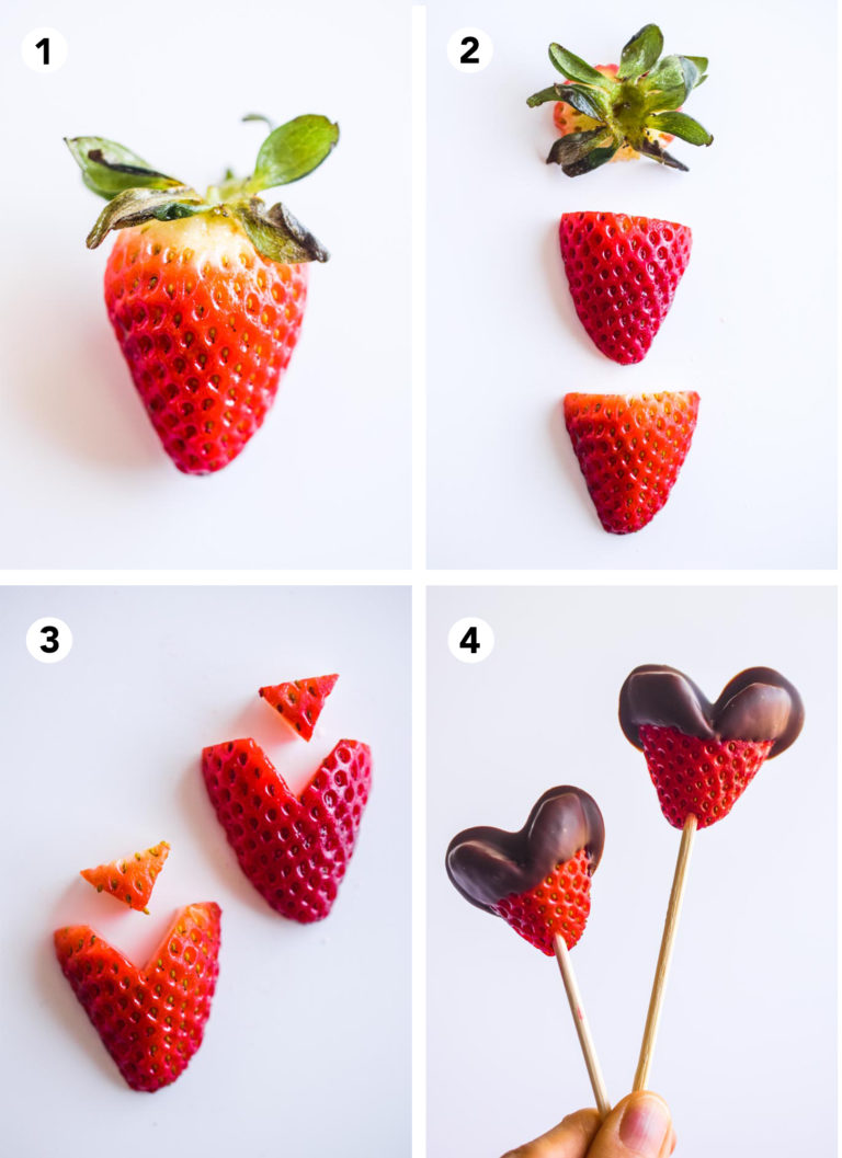 steps to create a strawberry heart. Slice off the green top. Sliced strawberry in half. Slice out small triangle top from each strawberry. Dip the strawberries in chocolate
