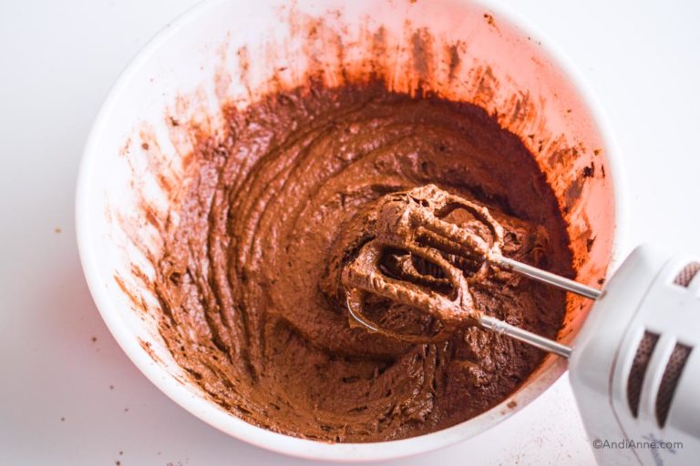 chocolate batter in a bowl with electric mixer