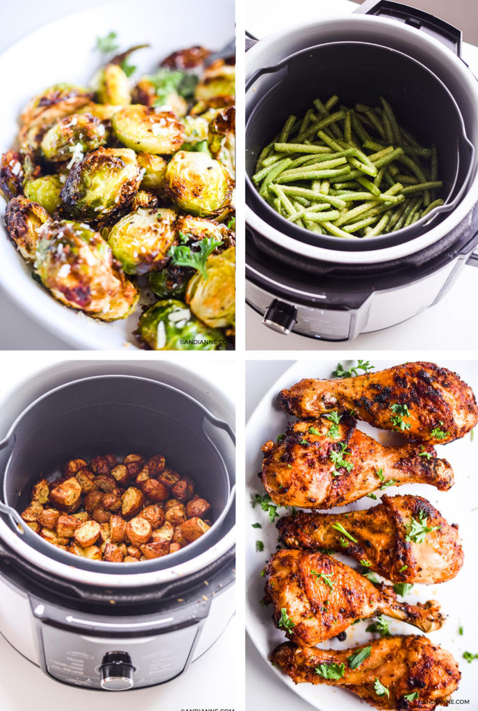 air fryer recipes including brussels sprouts in a white bowl, green beans in an air fryer, crispy potatoes in an air fryer and chicken drumsticks on a white plate.