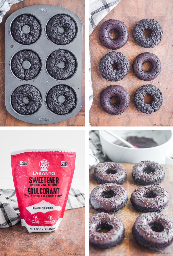 four pictures grouped together. First picture is chocolate donuts in donut pan, second picture is chocolate donuts on cutting board, third picture is lakanto sweetener in package, fourth picture is chocolate donuts on cutting board with bowl in background.