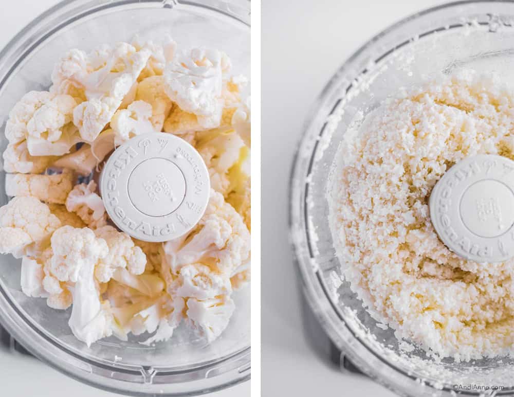 riced cauliflower in a food processor before it has blended and after when it turns into rice