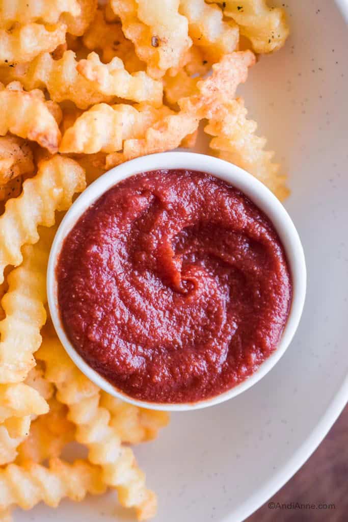 homemade ketchup in a small white bowl with fries surrounding it