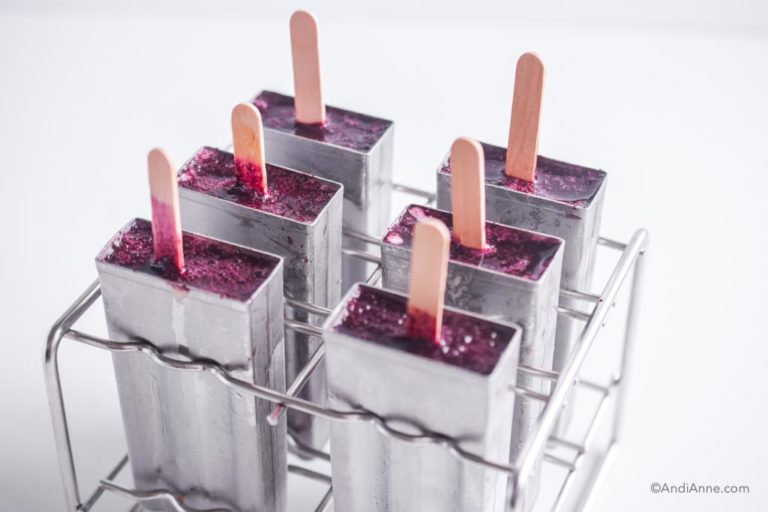 steel popsicle mold with wood sticks and blueberry puree inside it