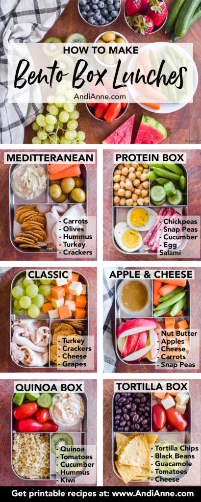 all six bento box lunch inspirations in a pinterest pin with labels describing each ingredient.